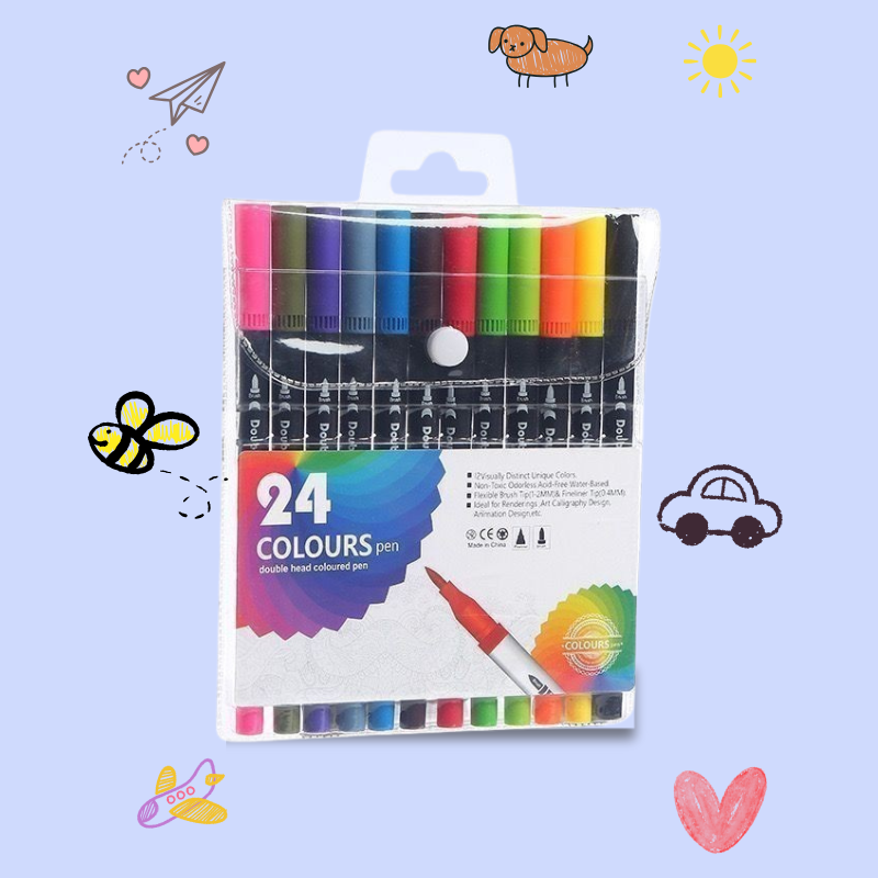 Kit 24 Cores Caneta 2 em 1 Brush Lettering e Ponta Fina Dual