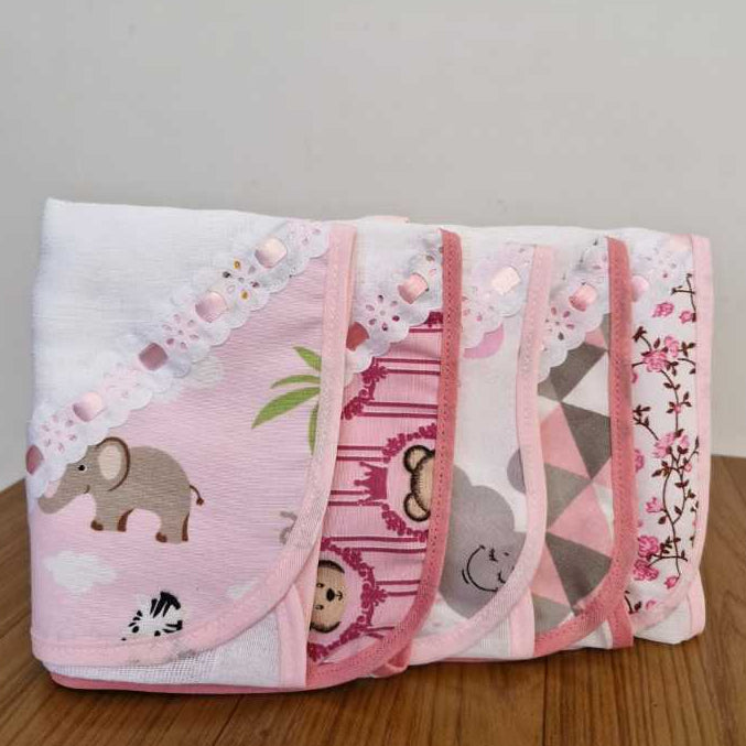 kit com 5 Fraldinhas De boca 100% Algodão Com Porta Chupeta